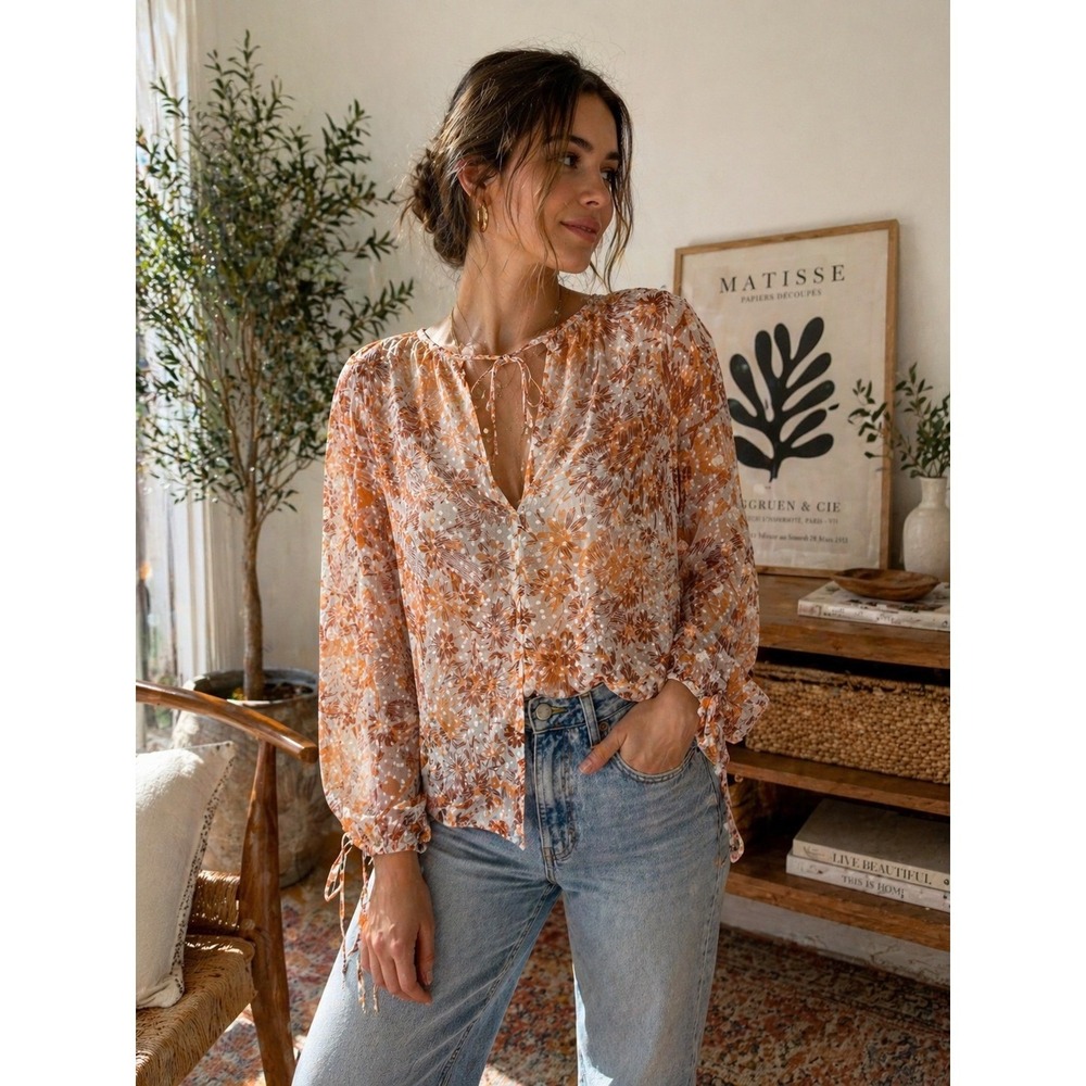 Massimo Alba Silk Blend Floral Clip Dot Blouse Orange Brown Made in Italy Small